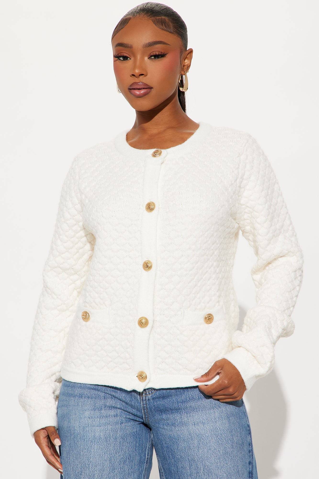 Star Of The Show Bouclé Cardigan - Ivory