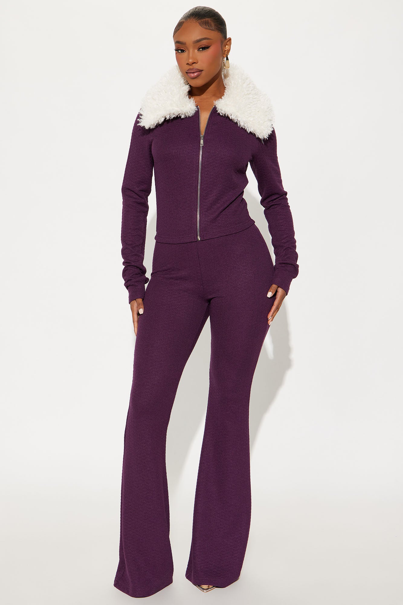 Daphne Faux Fur Trim Pant Set - Plum