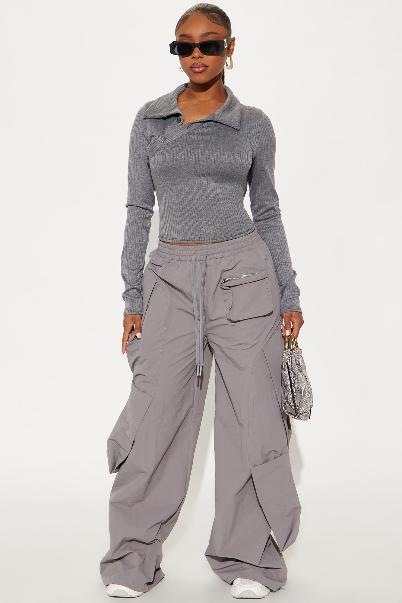 Maddy Button Up Ribbed Top - Grey