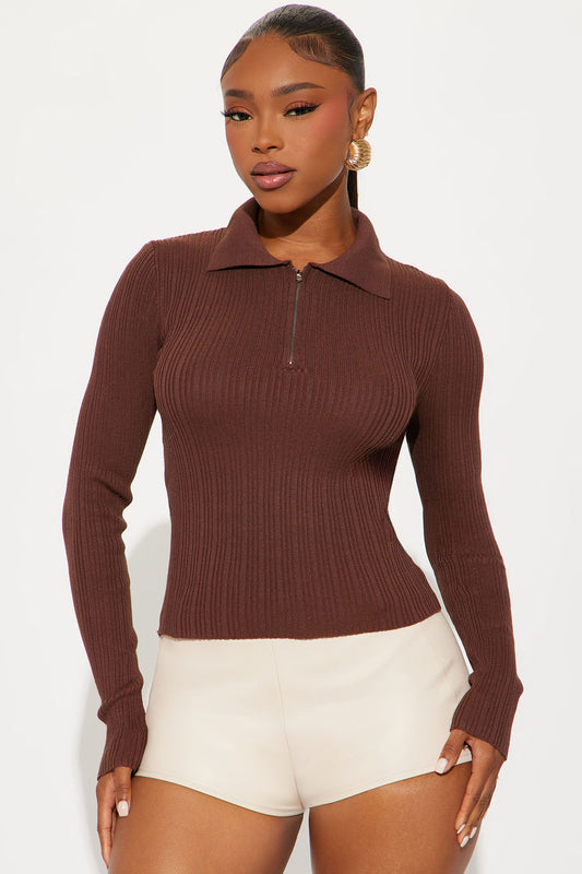 Hot Cocoa Season Ribbed Half Zip Sweater Top - Brown