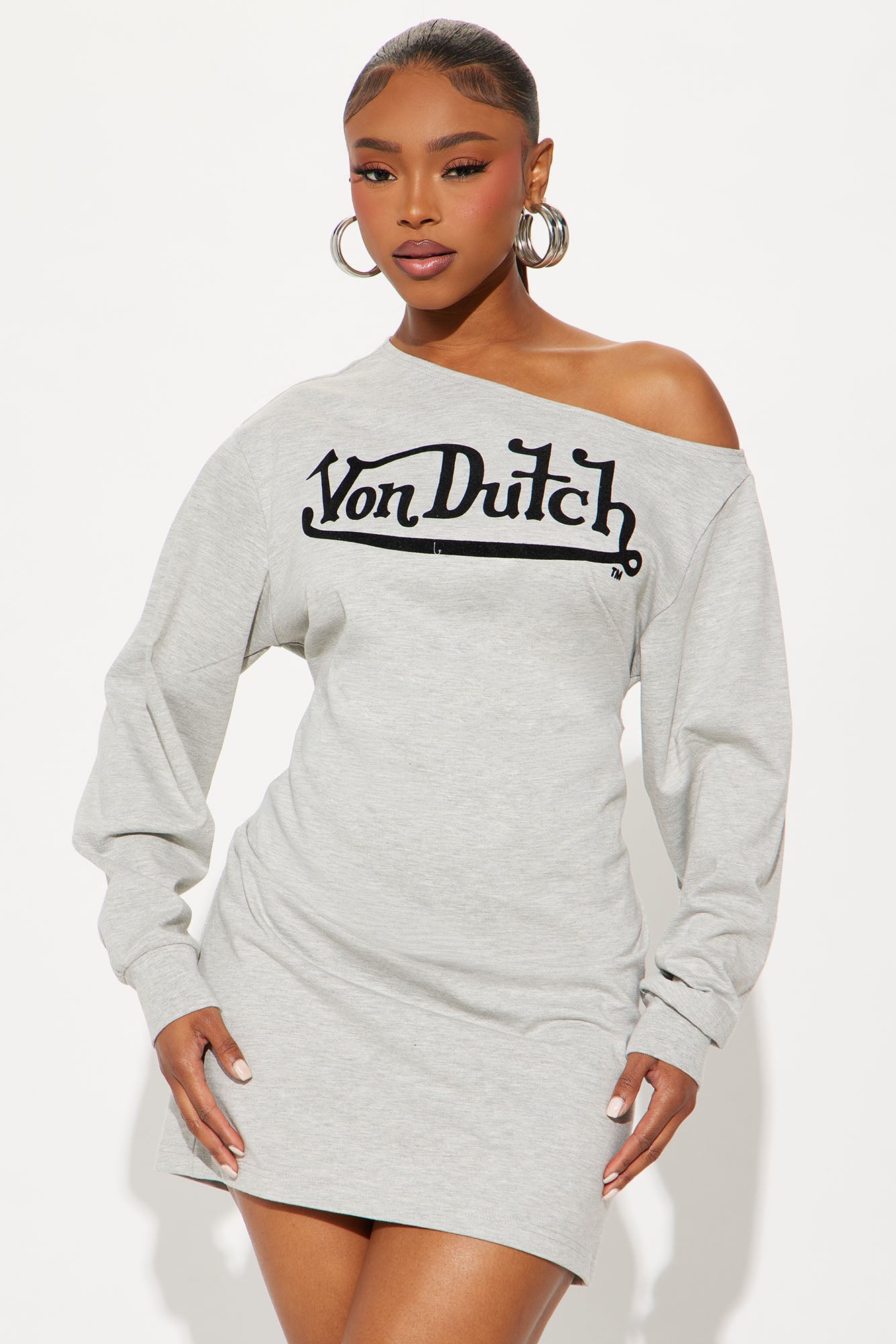 Von Dutch Timeless Off Shoulder Sweatshirt Mini Dress - Heather Grey