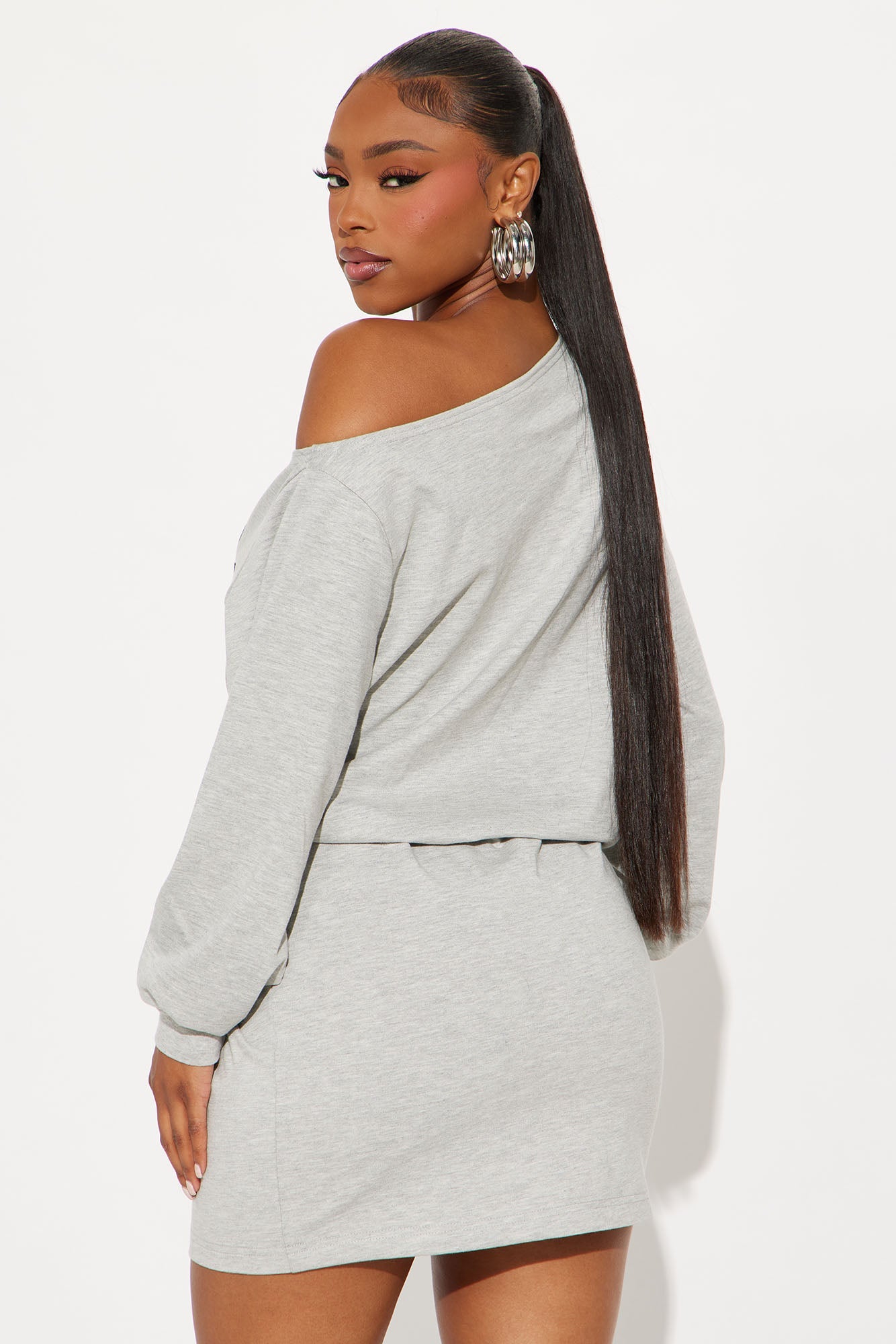 Von Dutch Timeless Off Shoulder Sweatshirt Mini Dress - Heather Grey