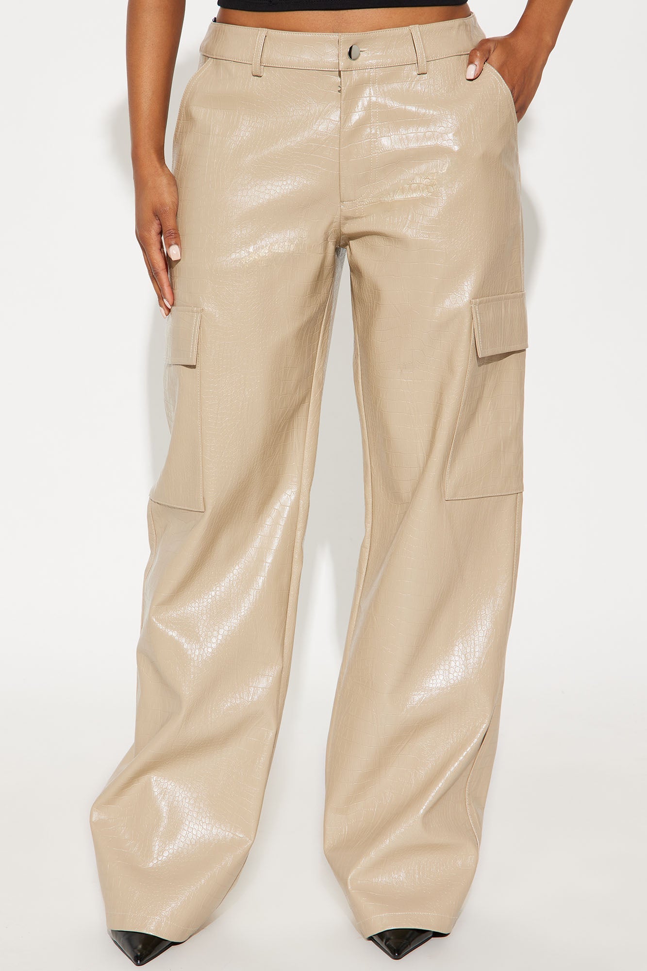 No Competition Here Faux Leather Wide Leg Croc Pant 33 - Bone