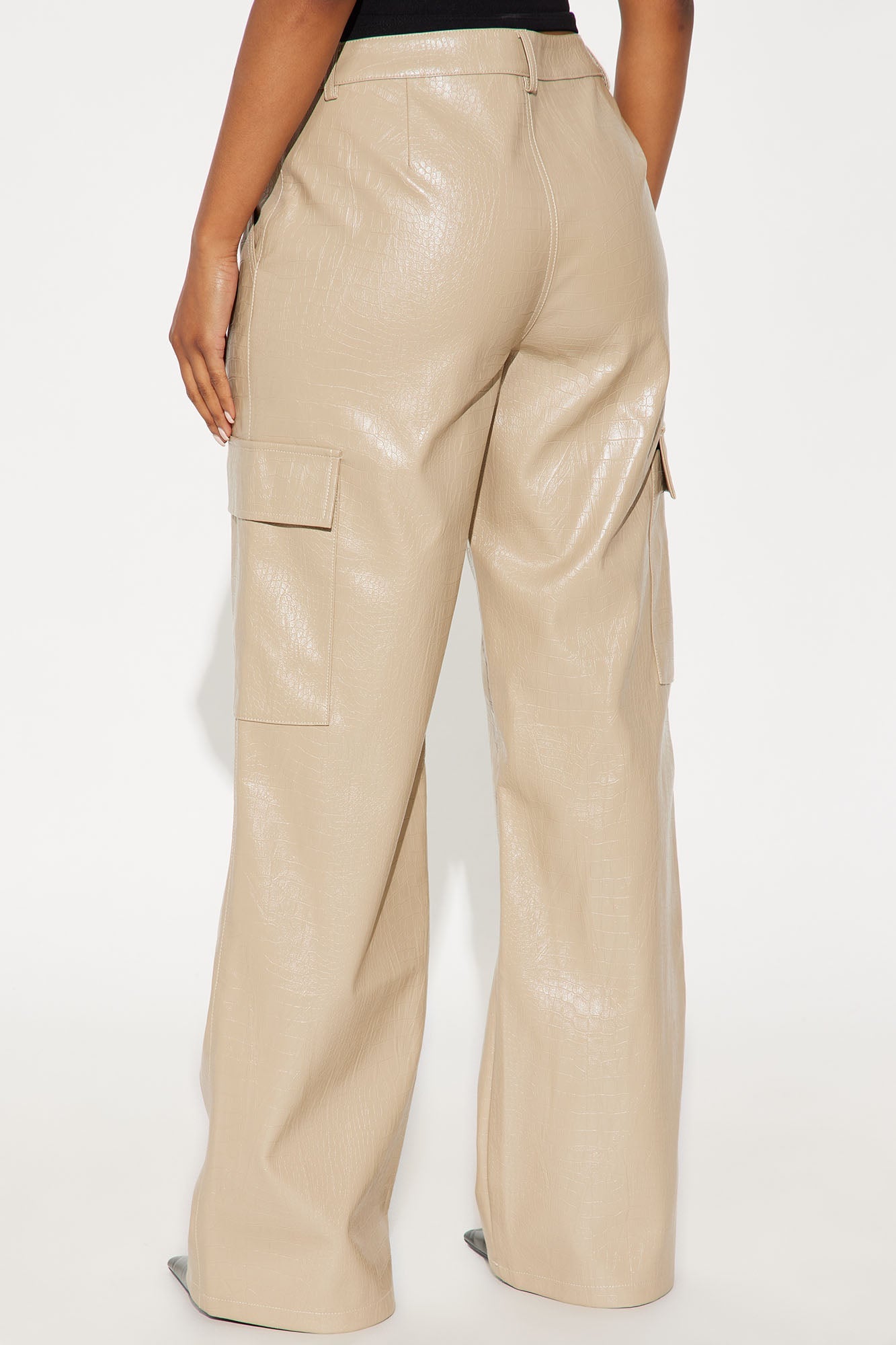 No Competition Here Faux Leather Wide Leg Croc Pant 33 - Bone