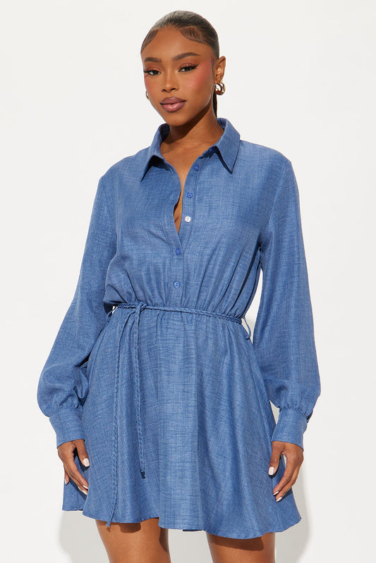 Julia Belted Linen Mini Dress - Denim