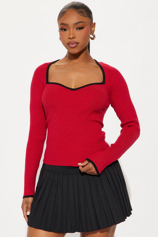 Cozy Inside Contrast Sweater Top - Red/Black