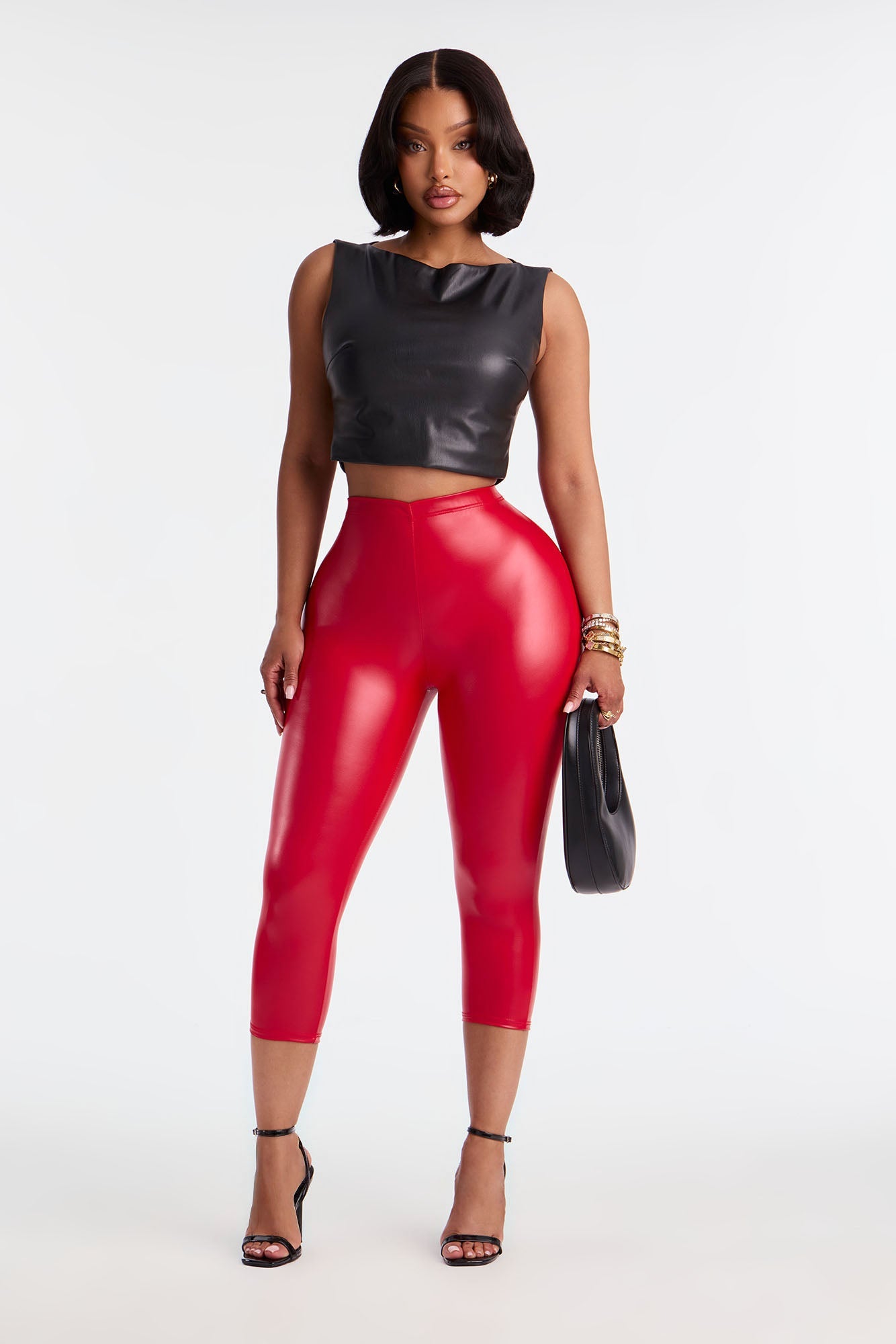 Linda Mid Rise Faux Leather Capri Legging 19″ - Red