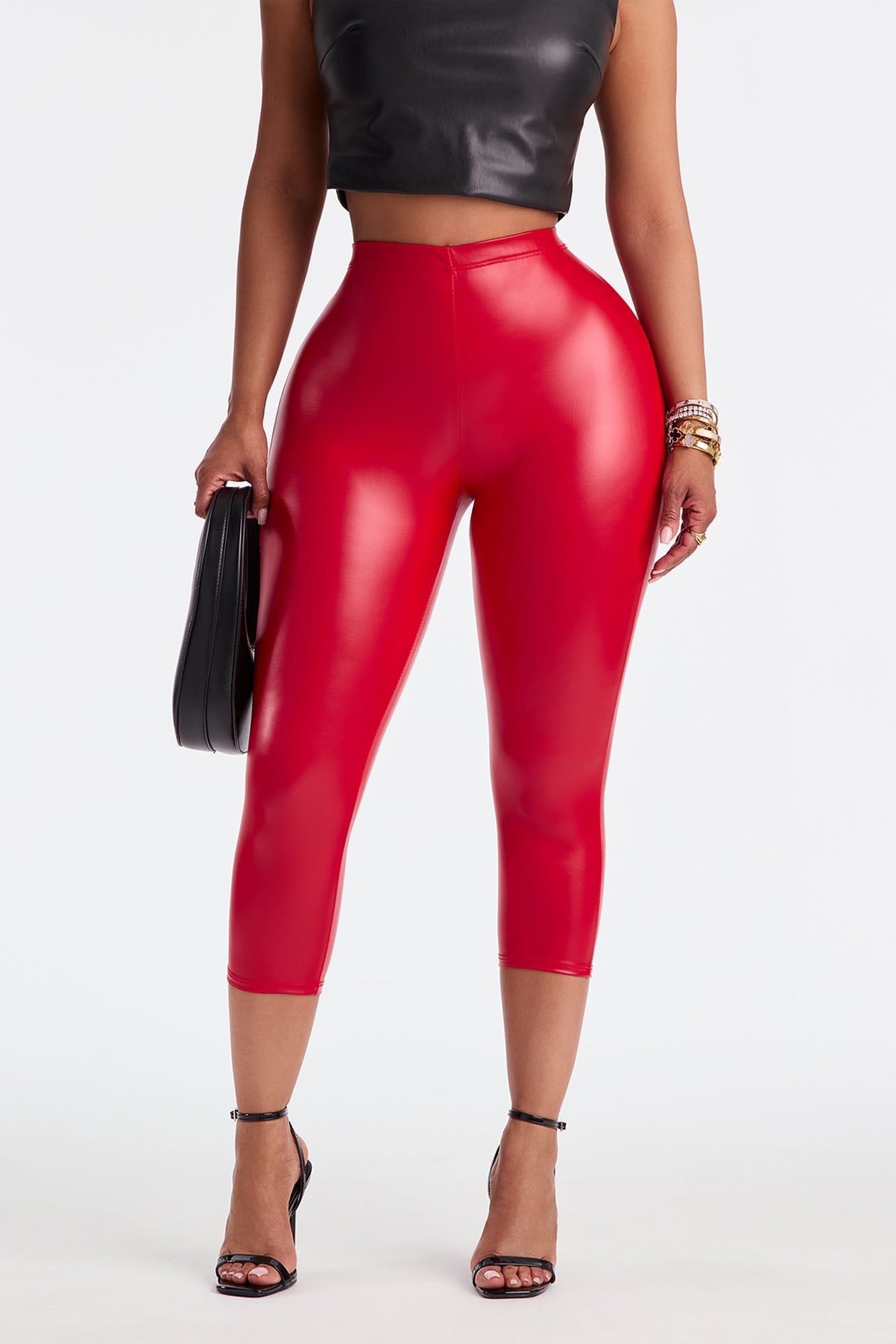Linda Mid Rise Faux Leather Capri Legging 19″ - Red