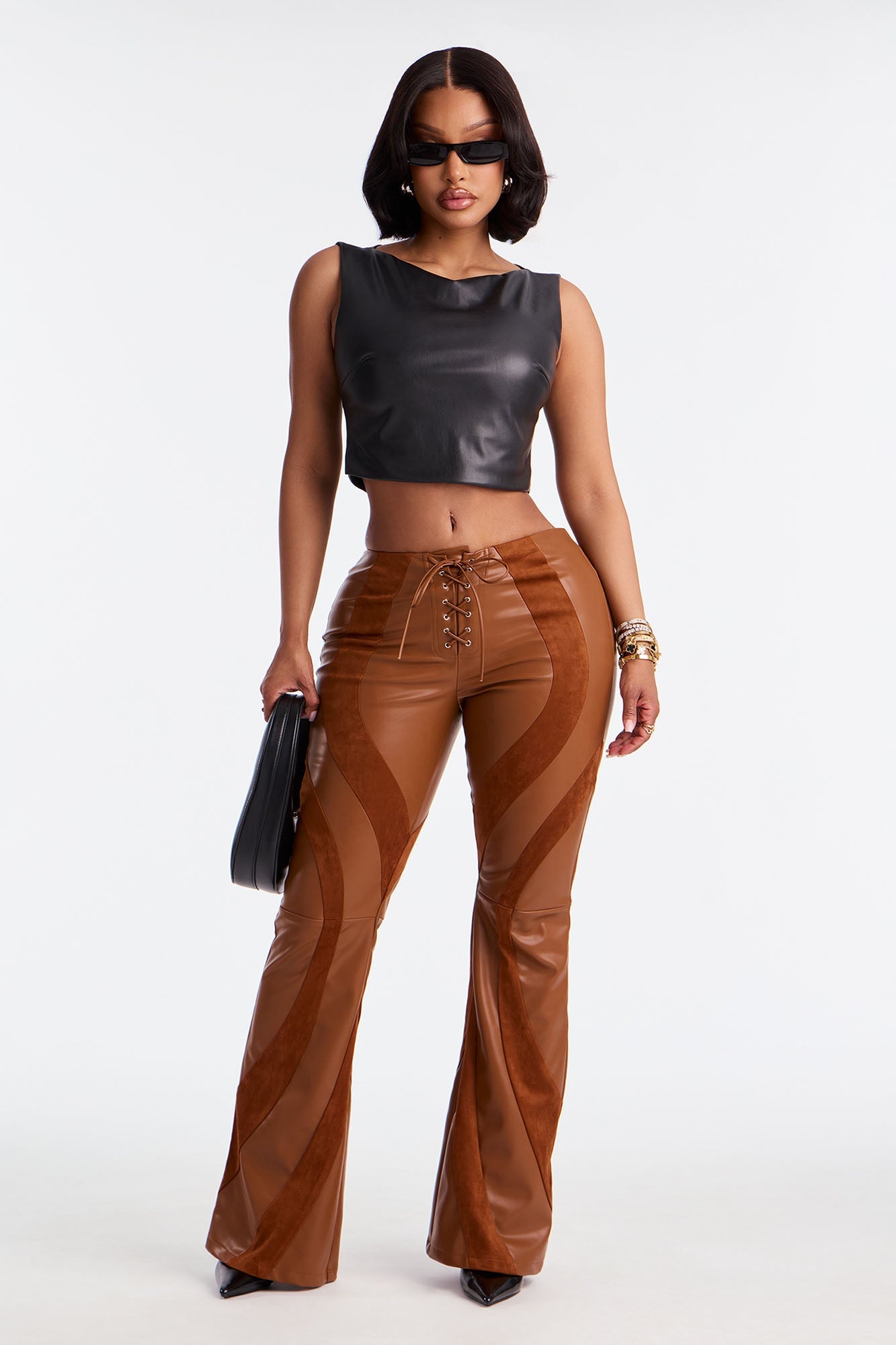 Cause A Riot Faux Leather Flare Pant 32″ - Brown