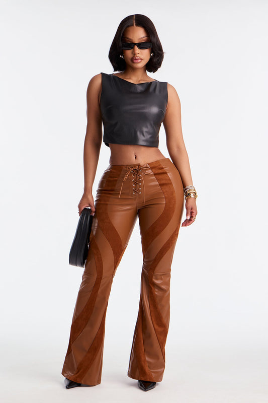 Cause A Riot Faux Leather Flare Pant 32″ - Brown