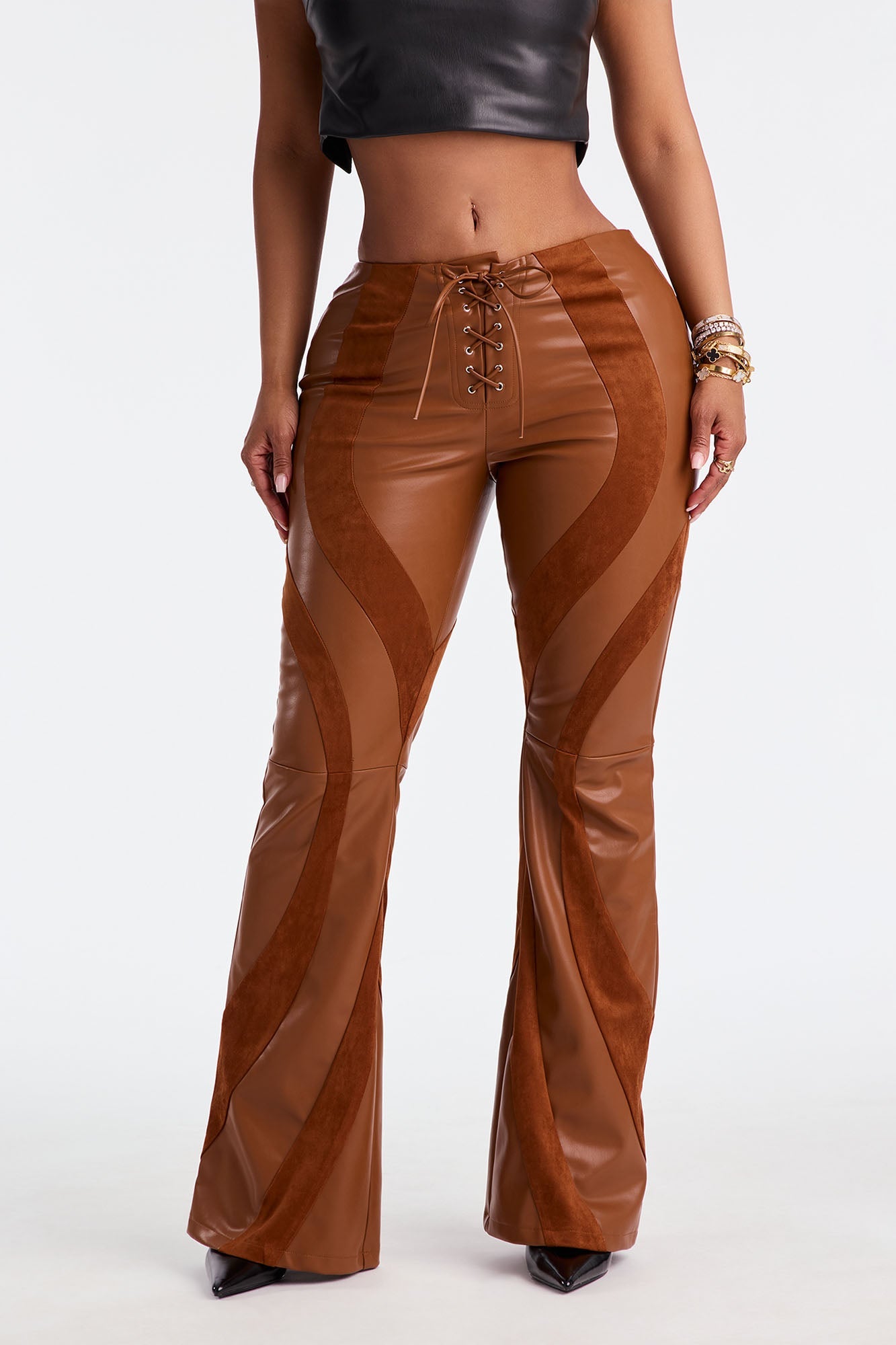 Cause A Riot Faux Leather Flare Pant 32″ - Brown
