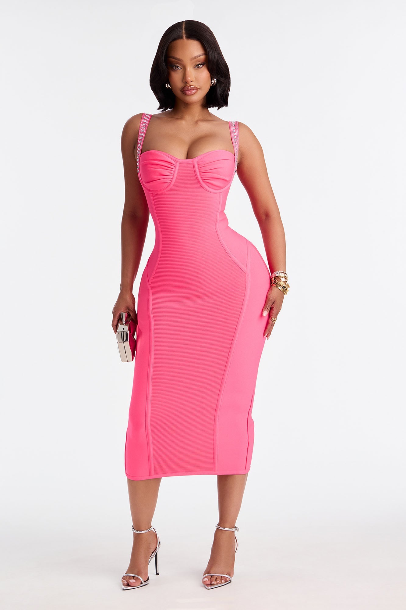 Show Stopper Rhinestone Embellished Bandage Midi Dress - Pink