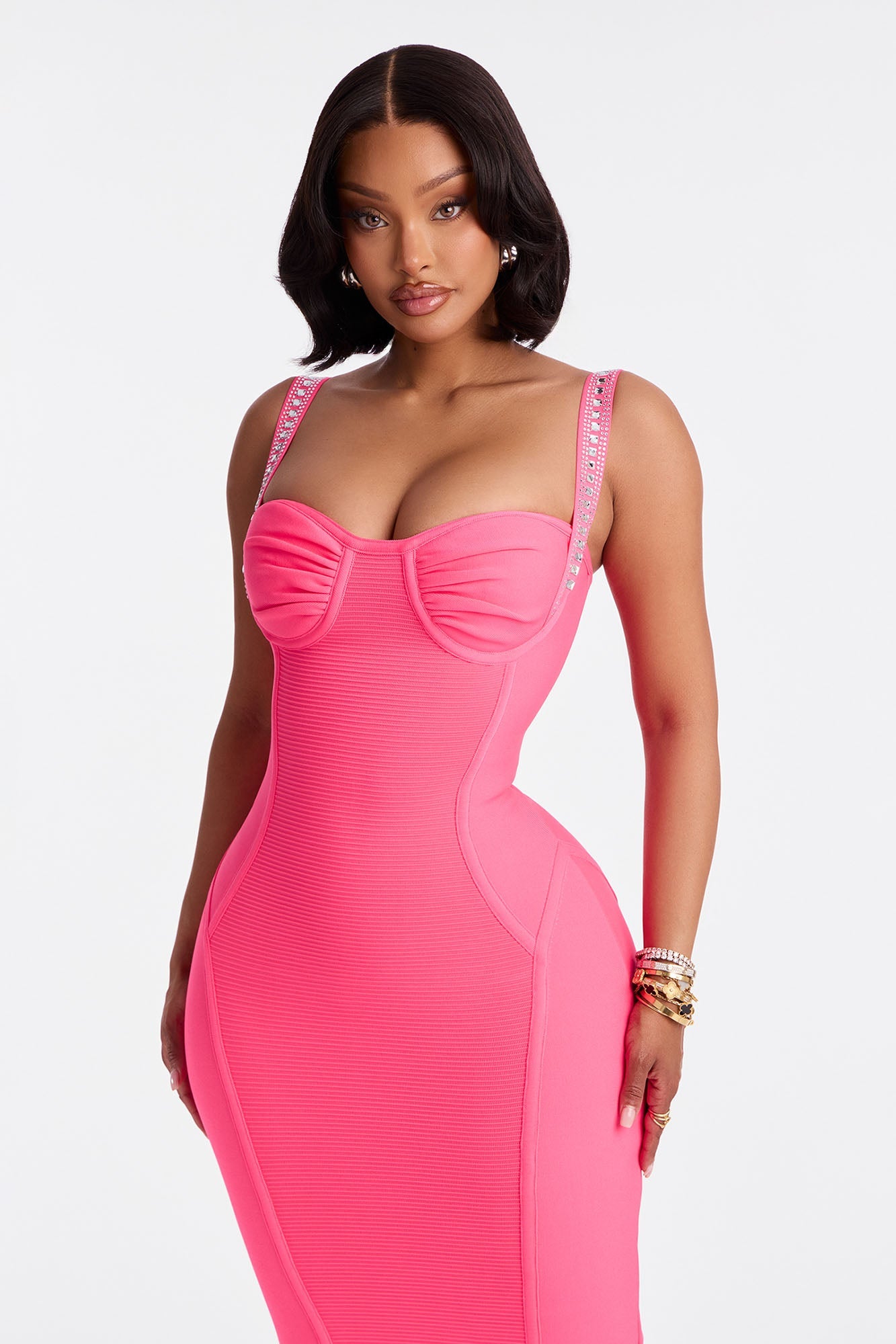 Show Stopper Rhinestone Embellished Bandage Midi Dress - Pink