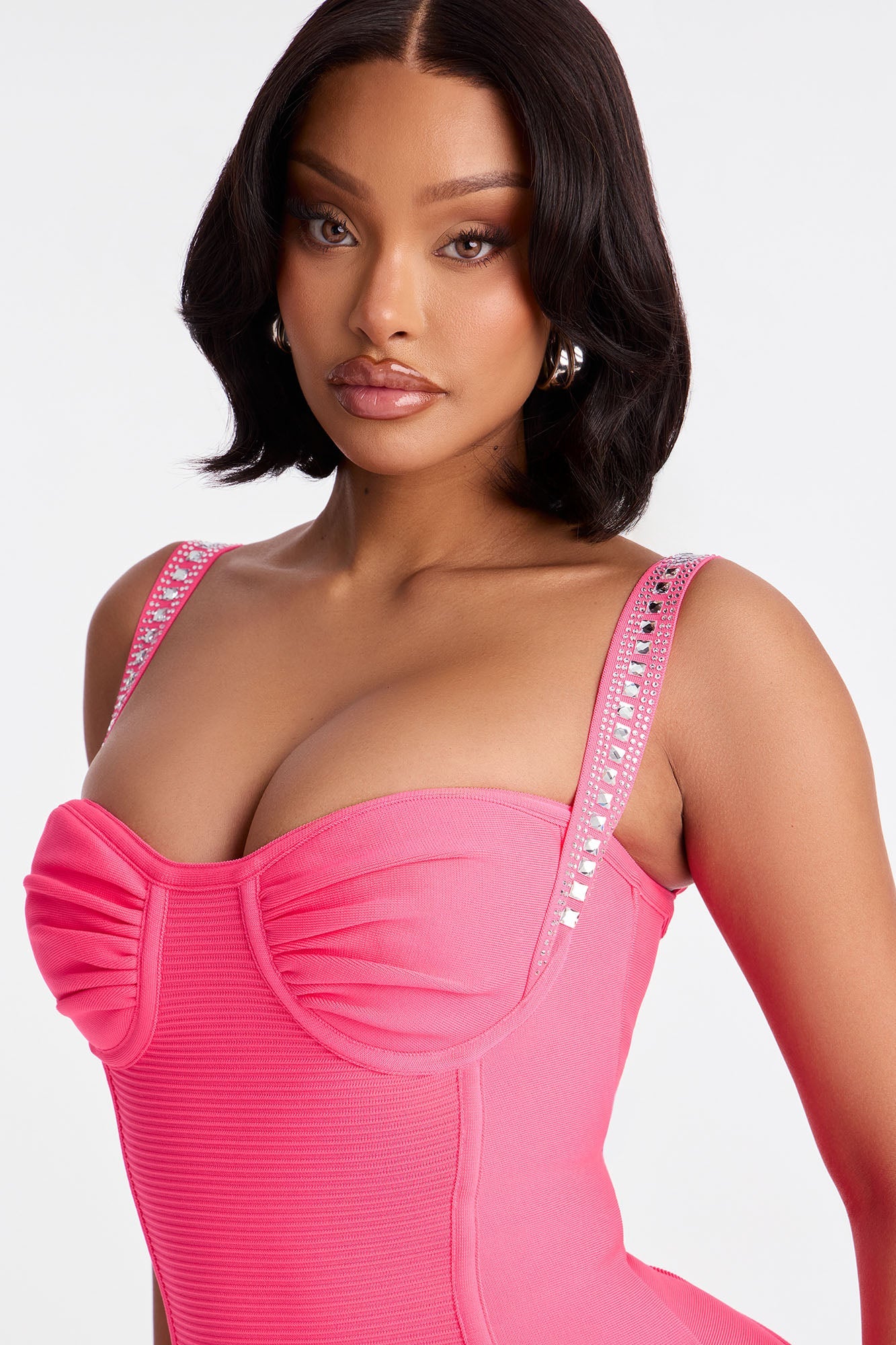 Show Stopper Rhinestone Embellished Bandage Midi Dress - Pink