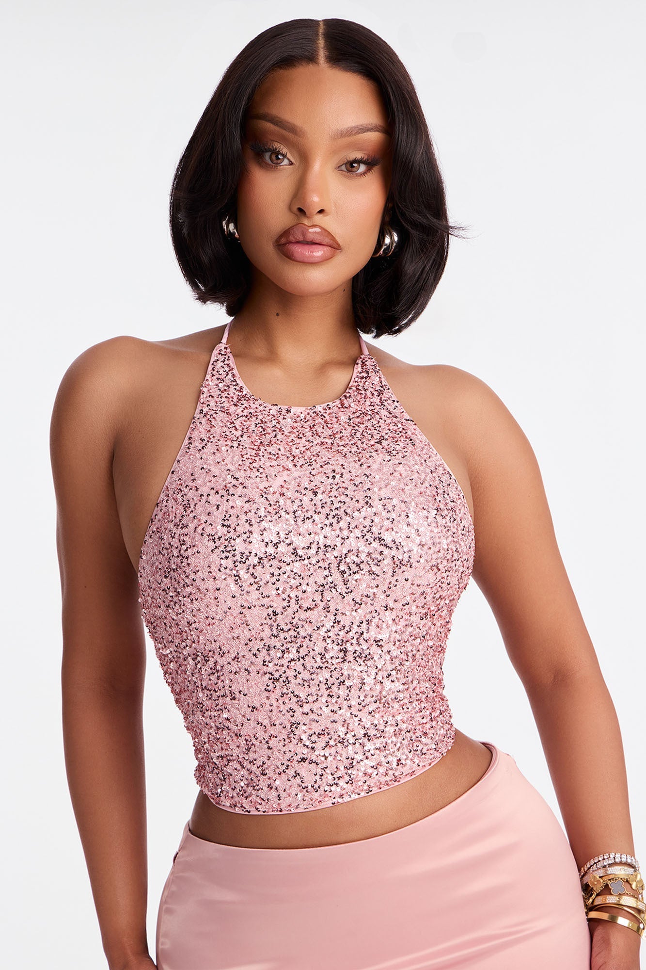 Heather Sequin Halter Top - Rose