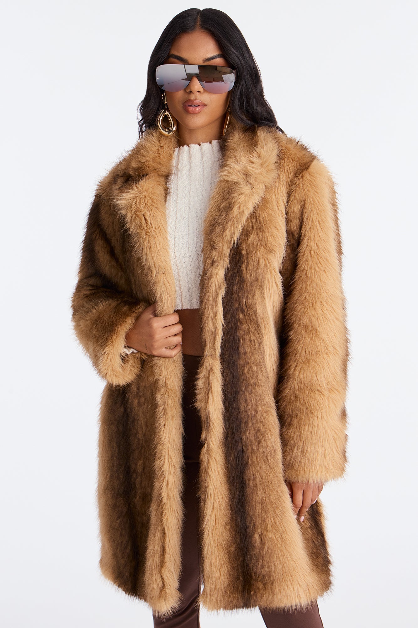 Saskia Long Faux Fur Coat - Brown/combo