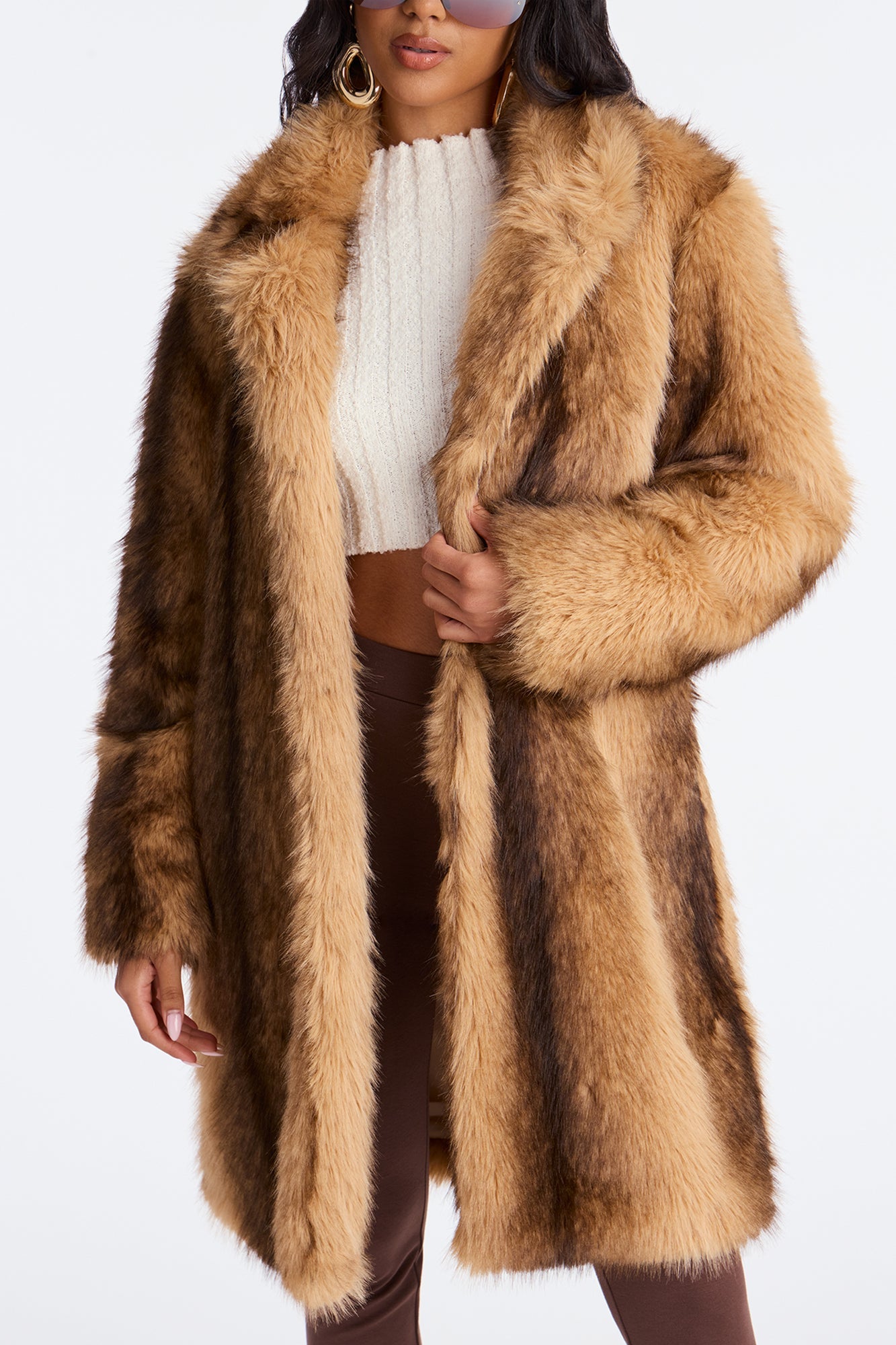 Saskia Long Faux Fur Coat - Brown/combo