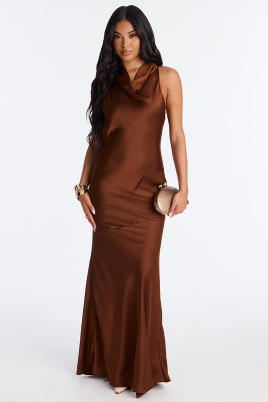 Love Drip Satin Maxi Dress - Brown