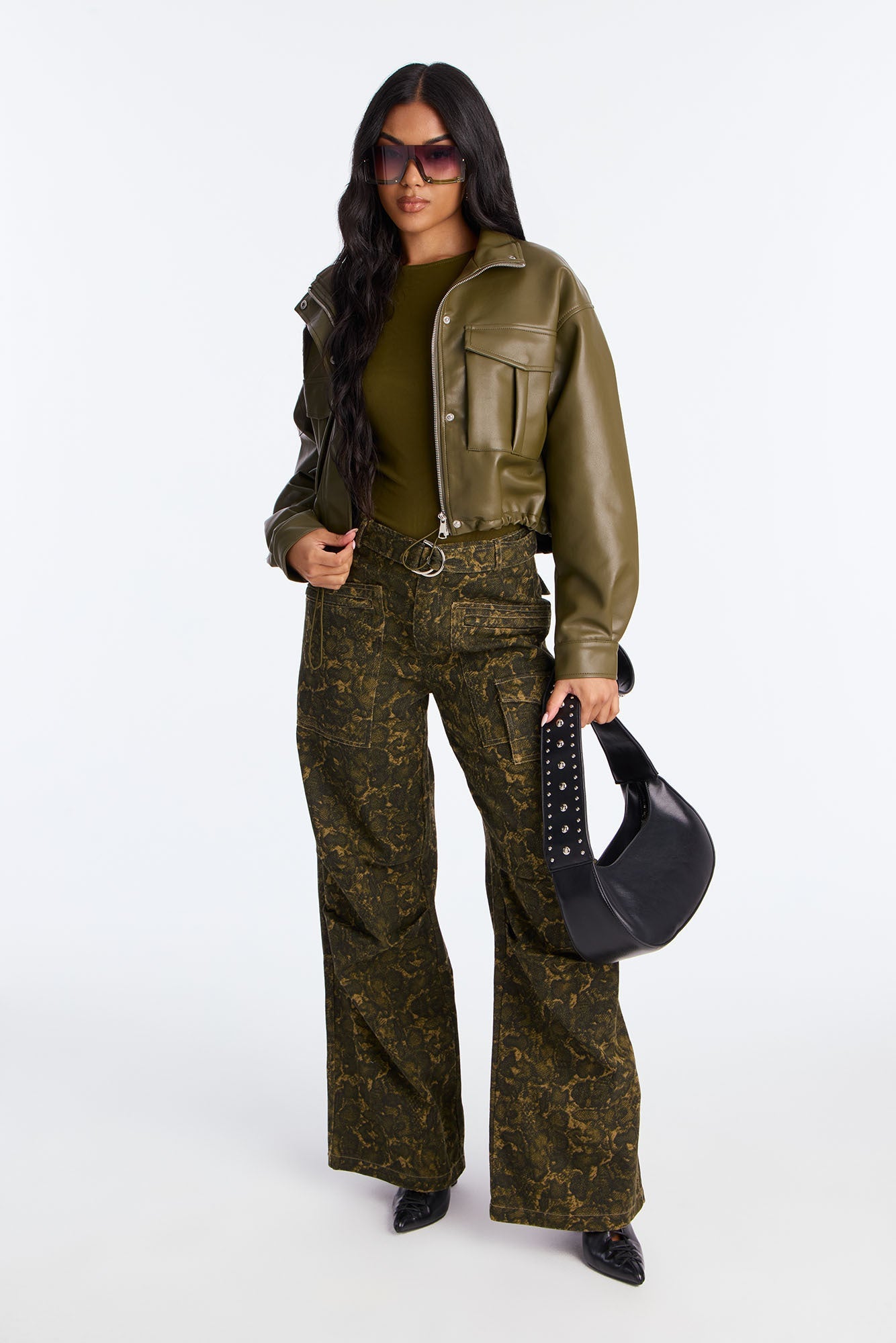 No Hard Feelings Faux Leather Cropped Bomber Jacket - Military Green