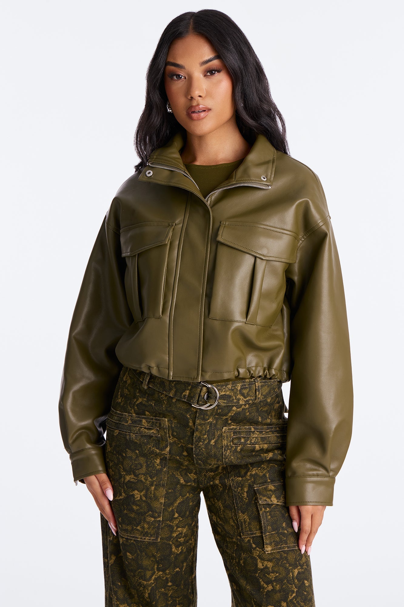 No Hard Feelings Faux Leather Cropped Bomber Jacket - Military Green