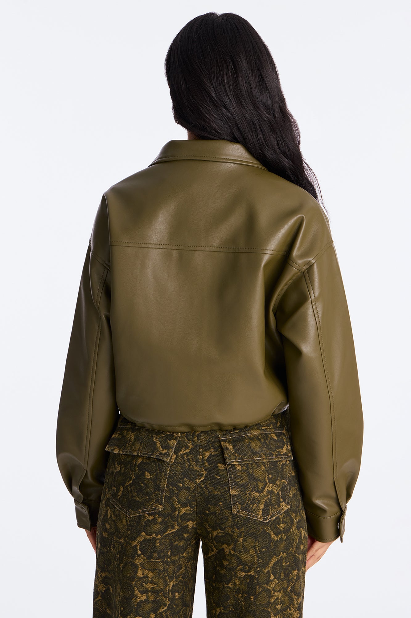 No Hard Feelings Faux Leather Cropped Bomber Jacket - Military Green