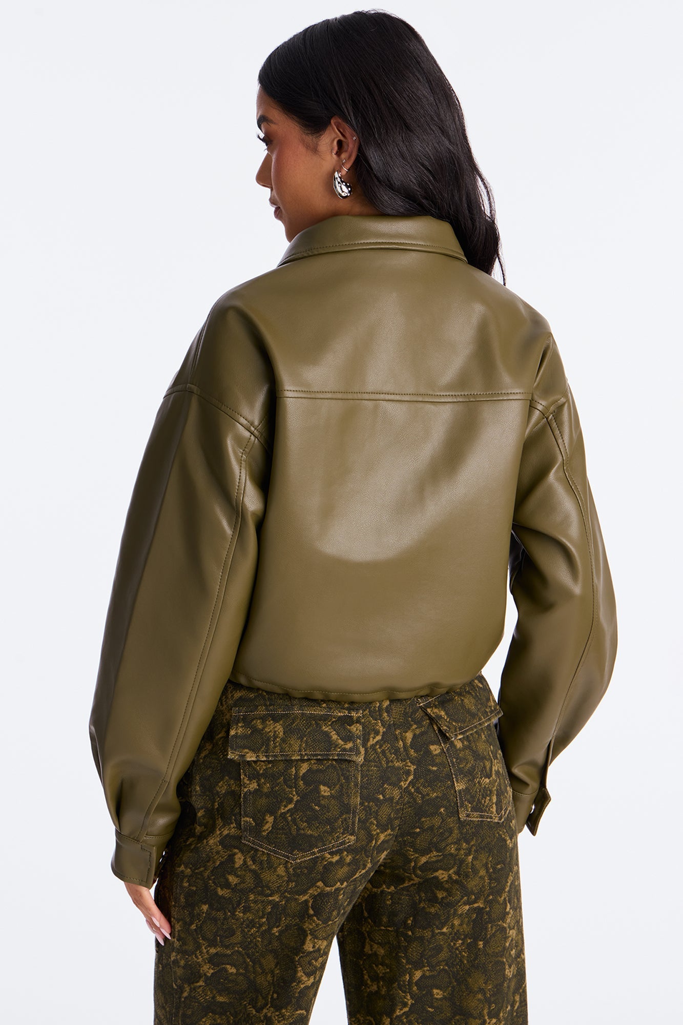 No Hard Feelings Faux Leather Cropped Bomber Jacket - Military Green