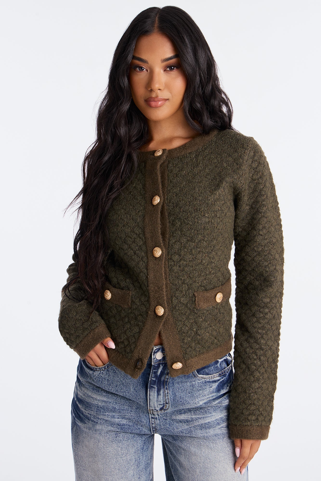 Star Of The Show Bouclé Cardigan - Olive