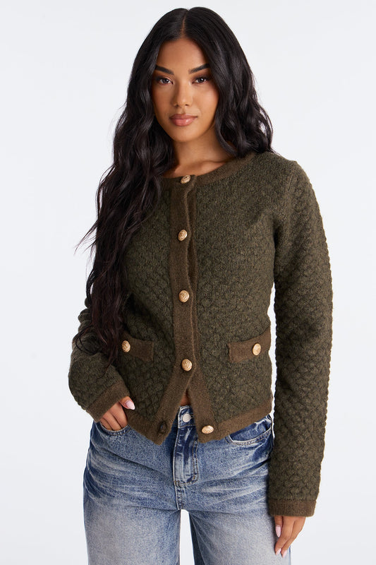 Star Of The Show Bouclé Cardigan - Olive