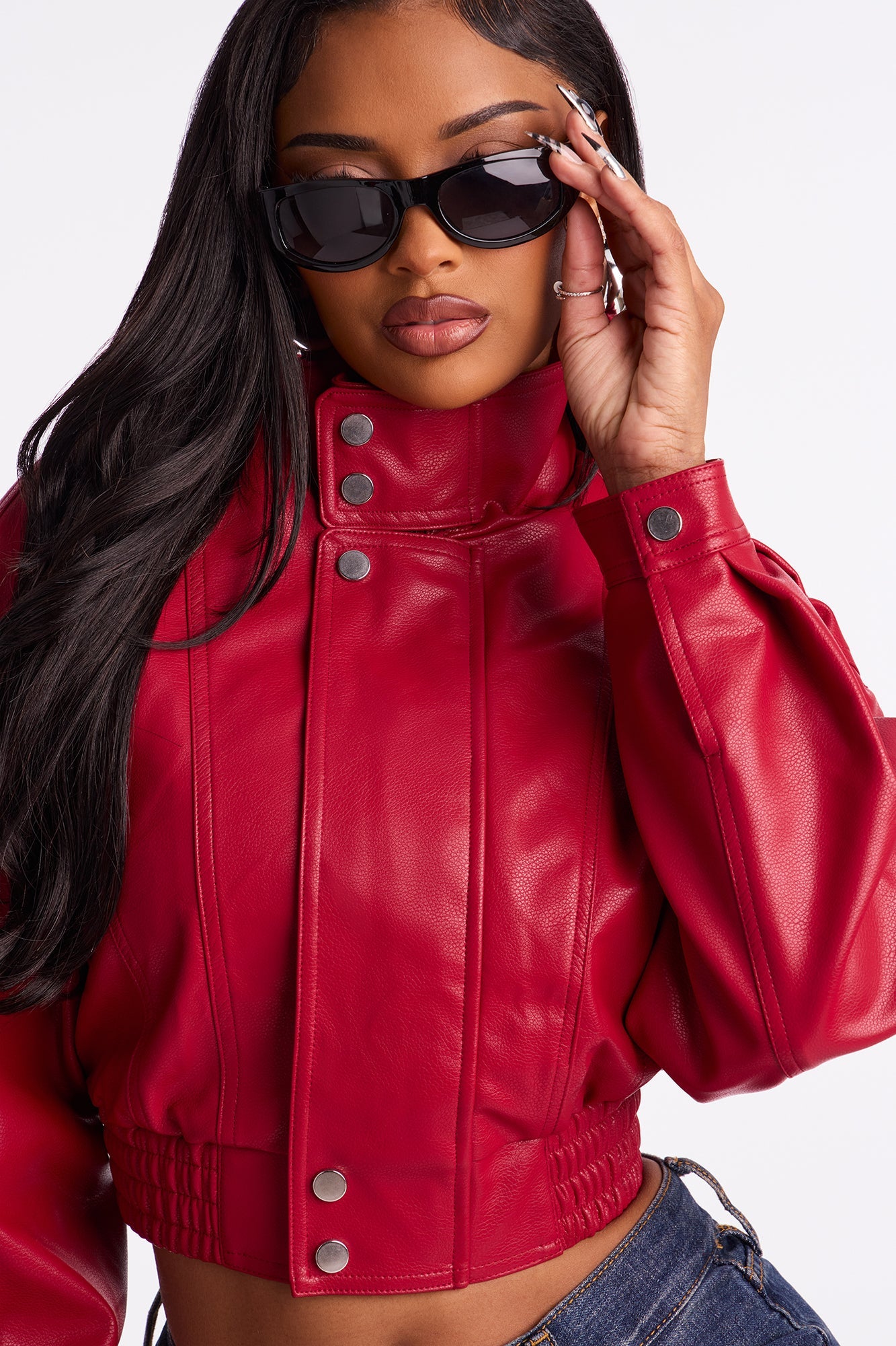 Show Stopper Cropped Faux Leather Bomber Jacket - DarkRed