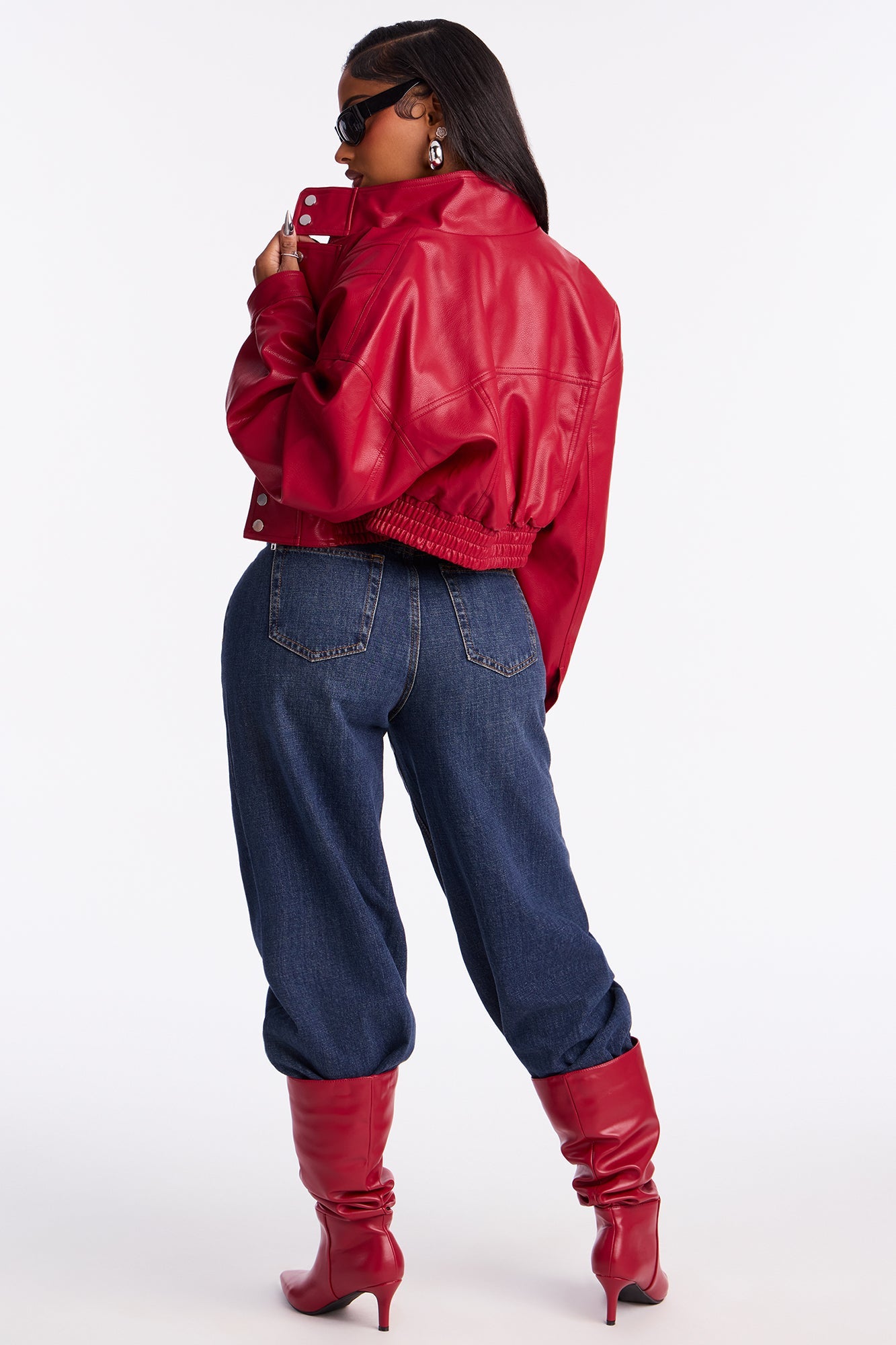 Show Stopper Cropped Faux Leather Bomber Jacket - DarkRed