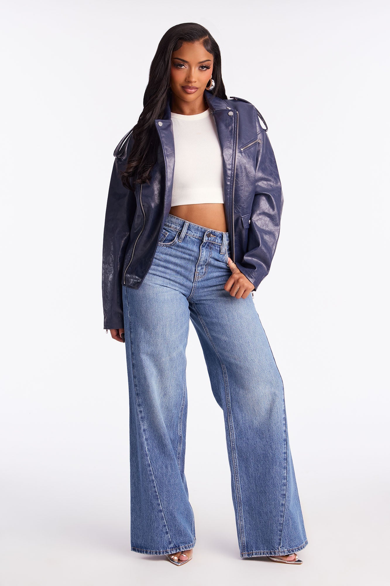 Higher Frequency Faux Leather Moto Jacket - Midnight Blue