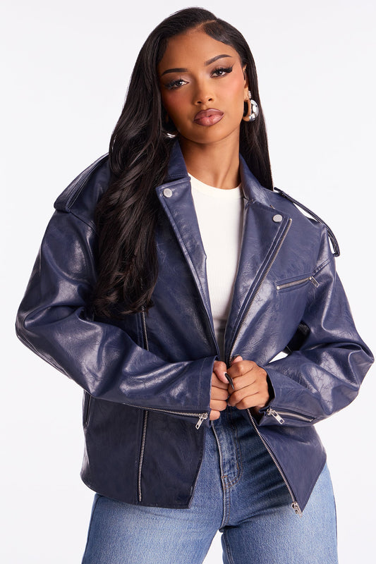 Higher Frequency Faux Leather Moto Jacket - Midnight Blue
