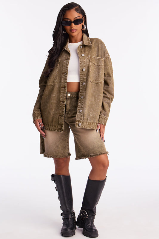 On The Move Denim Shacket - Sage