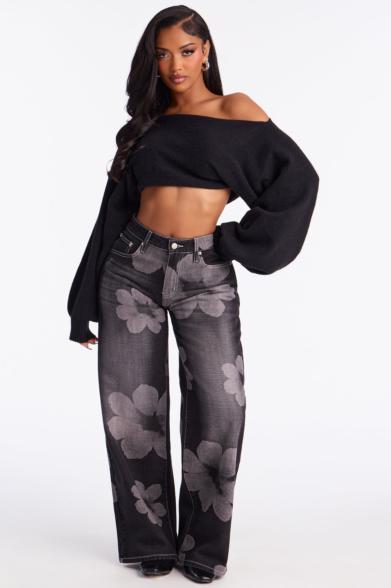 Born To Bloom Baggy Denim Jeans - Black Wash