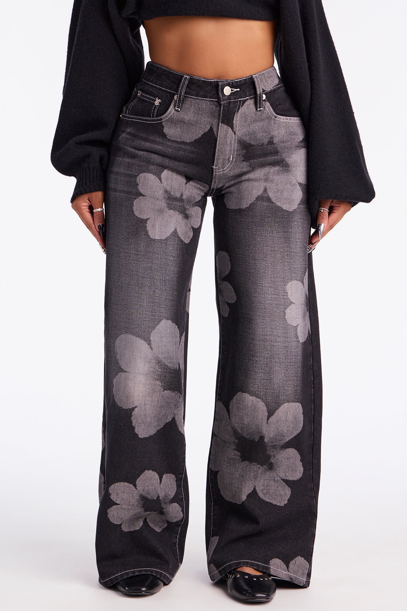 Born To Bloom Baggy Denim Jeans - Black Wash