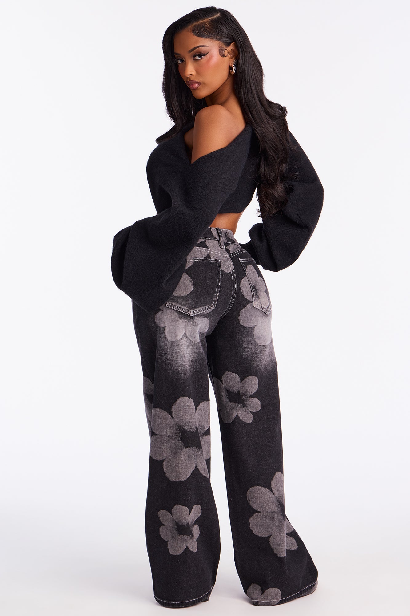 Born To Bloom Baggy Denim Jeans - Black Wash