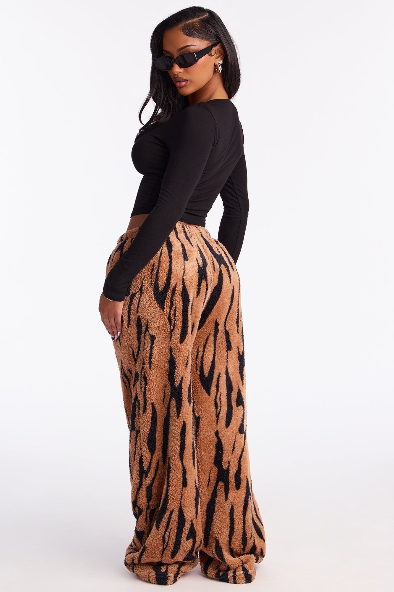 Nia Tiger Faux Fur Wide Leg Pant 32″ - Brown/combo