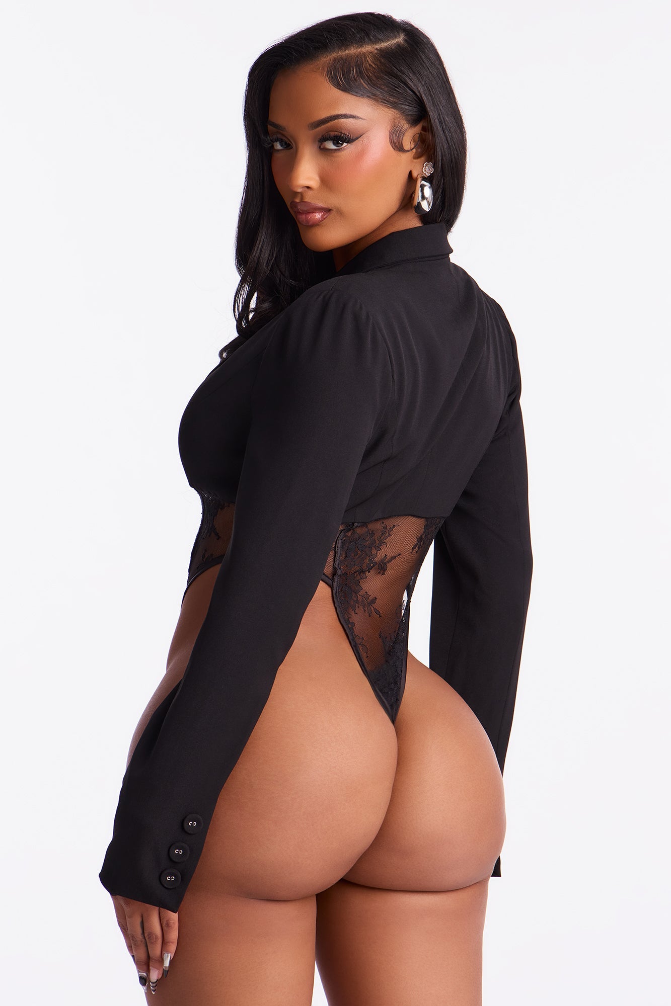 Isabella Shoulder Pads Lace Bodysuit - Black