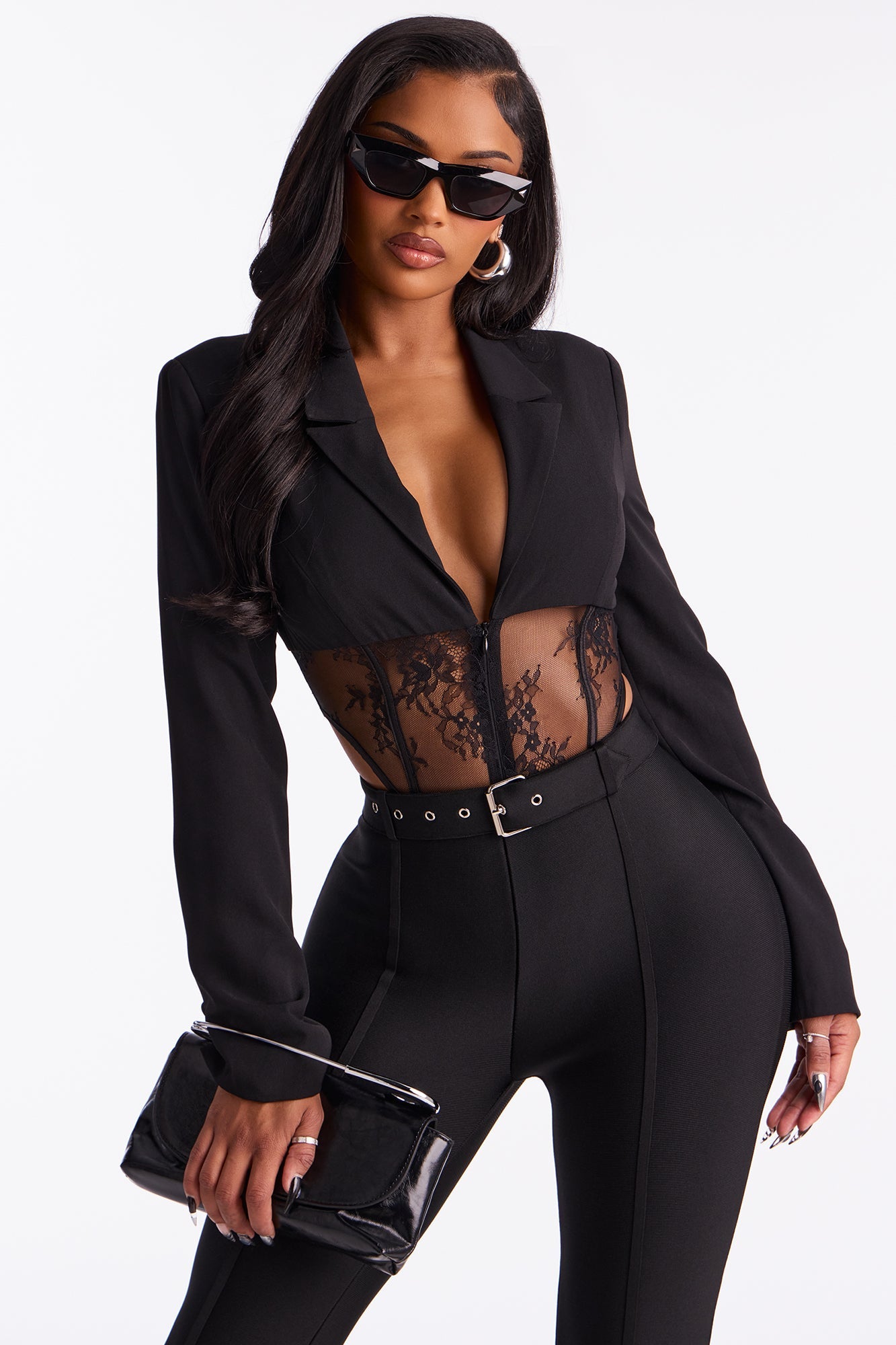Isabella Shoulder Pads Lace Bodysuit - Black