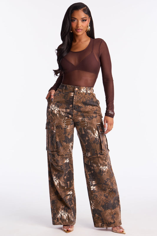 Not In Command Geo Camo Cargo Wide Leg Jeans - Brown Combo