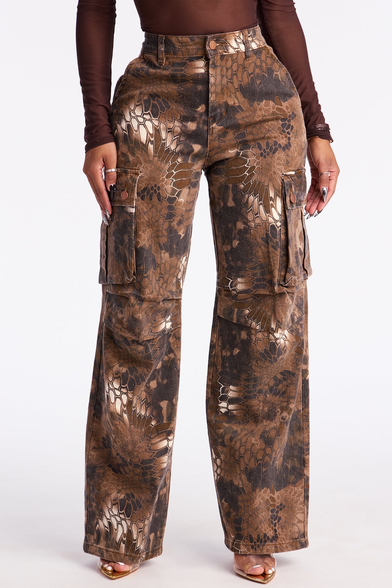 Not In Command Geo Camo Cargo Wide Leg Jeans - Brown Combo