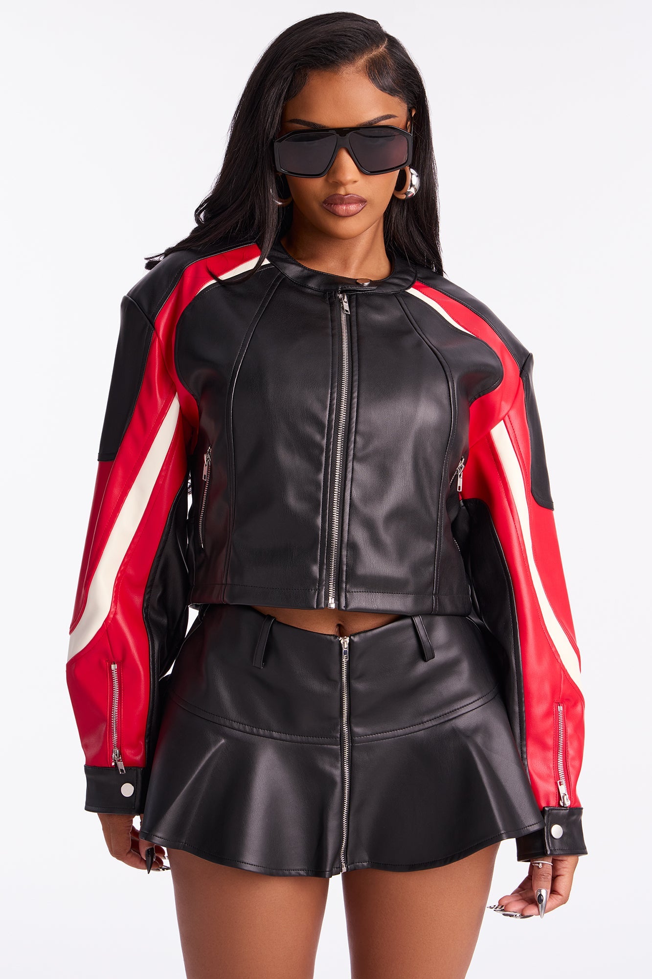 So Fly Cropped Faux Leather Moto Jacket - Red/combo