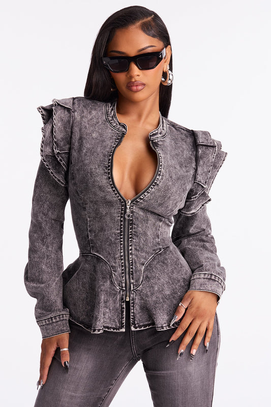 Denim Queen Peplum Jacket - Acid Wash Black