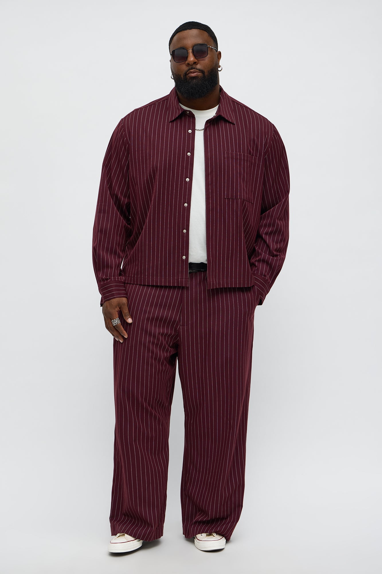 Cropped Striped Button Up Shirt - Burgundy