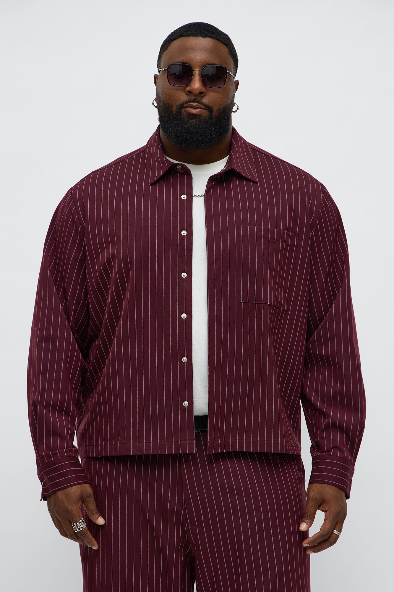 Cropped Striped Button Up Shirt - Burgundy