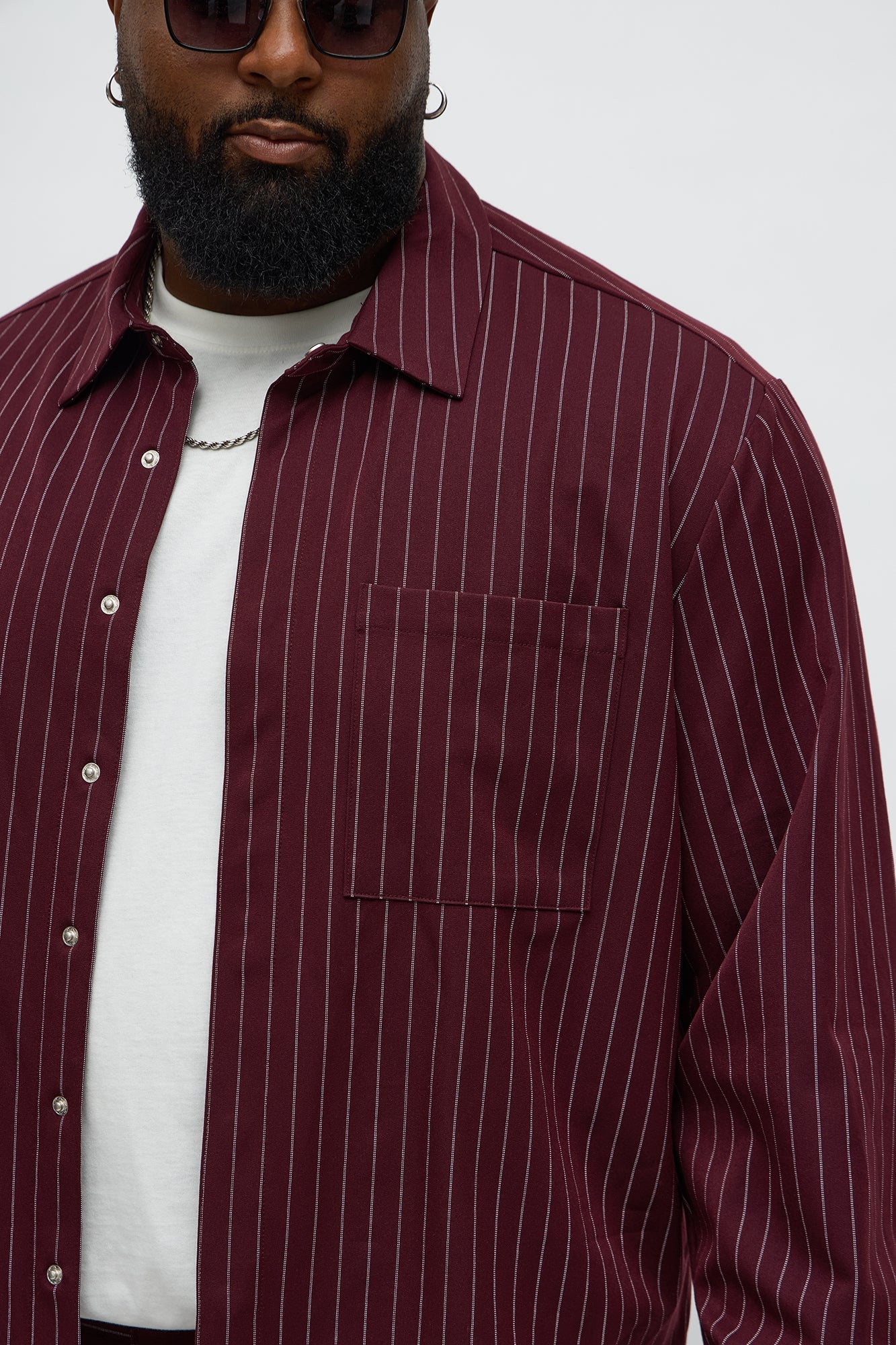 Cropped Striped Button Up Shirt - Burgundy