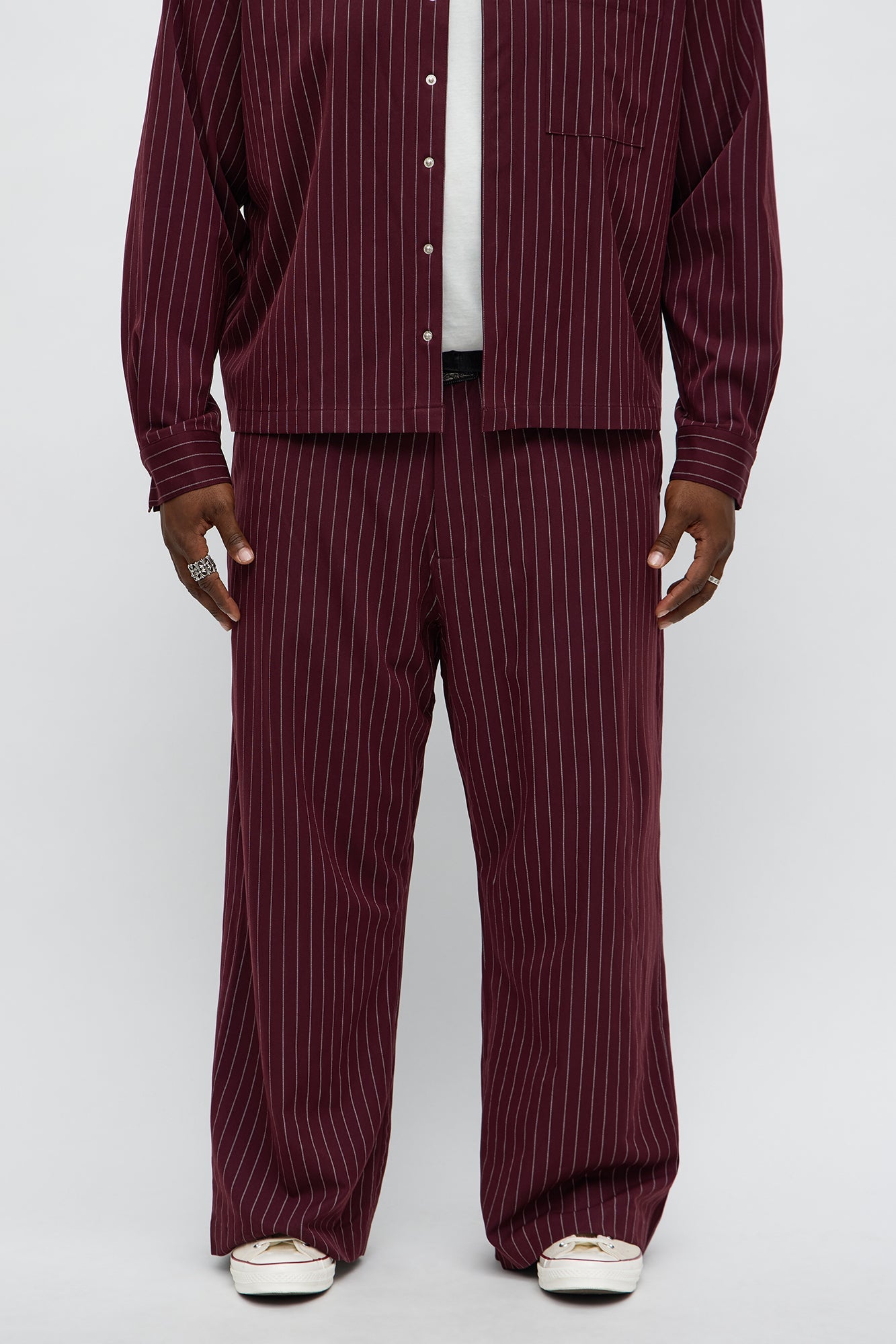 Wide Leg Straight Striped Trouser - Burgundy