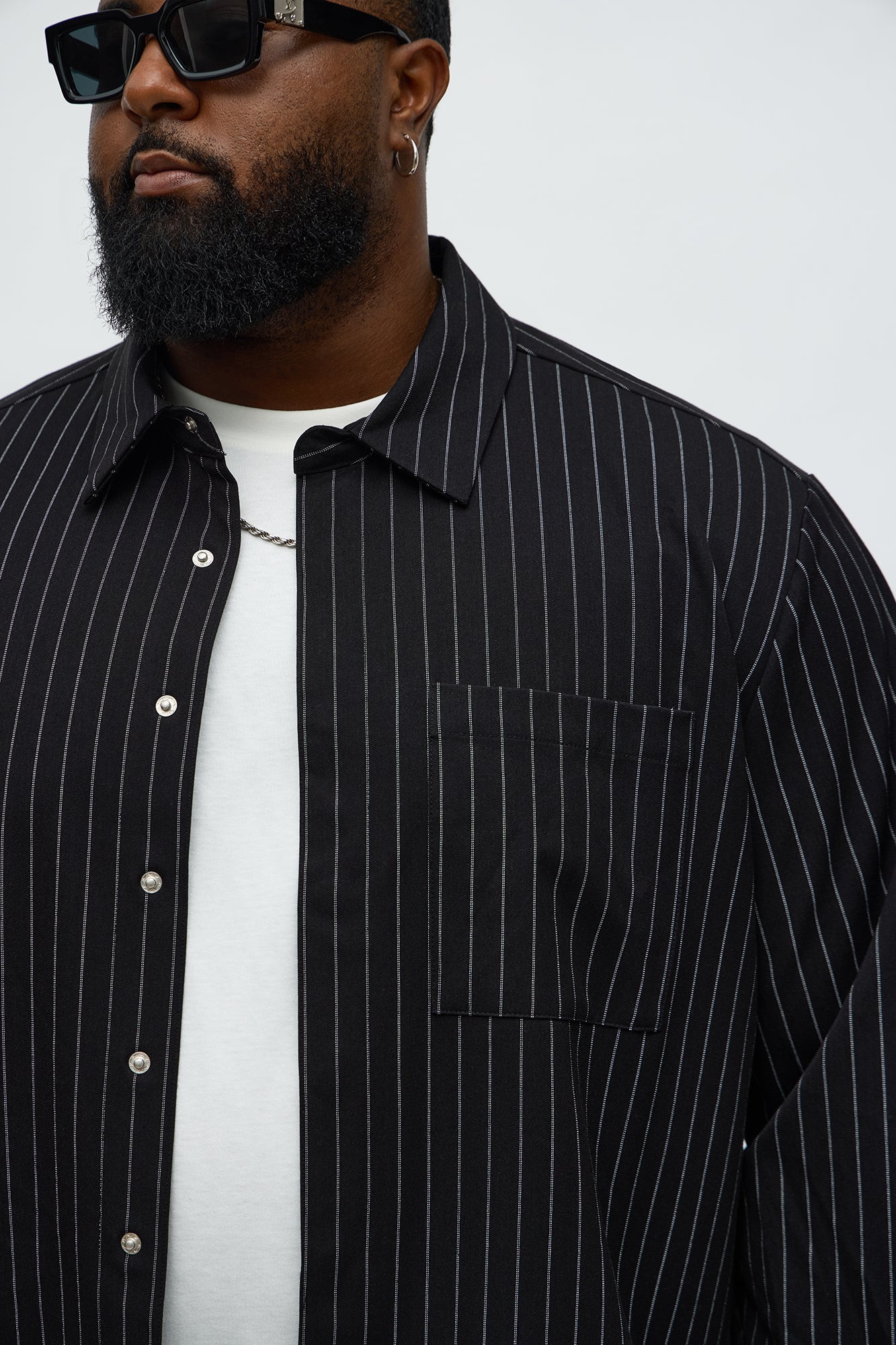 Cropped Striped Button Up Shirt - Black