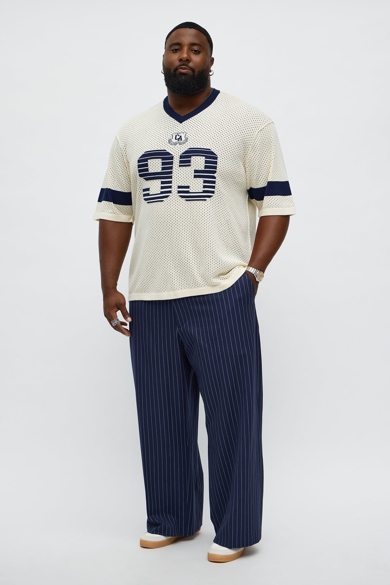 Wide Leg Straight Striped Trouser - Navy