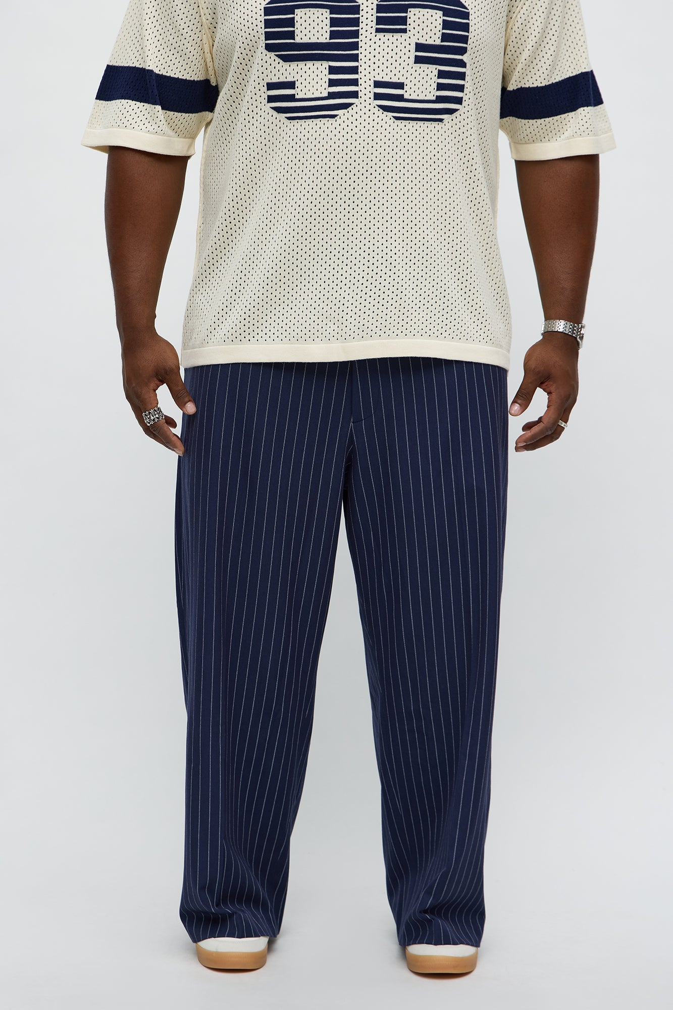 Wide Leg Straight Striped Trouser - Navy